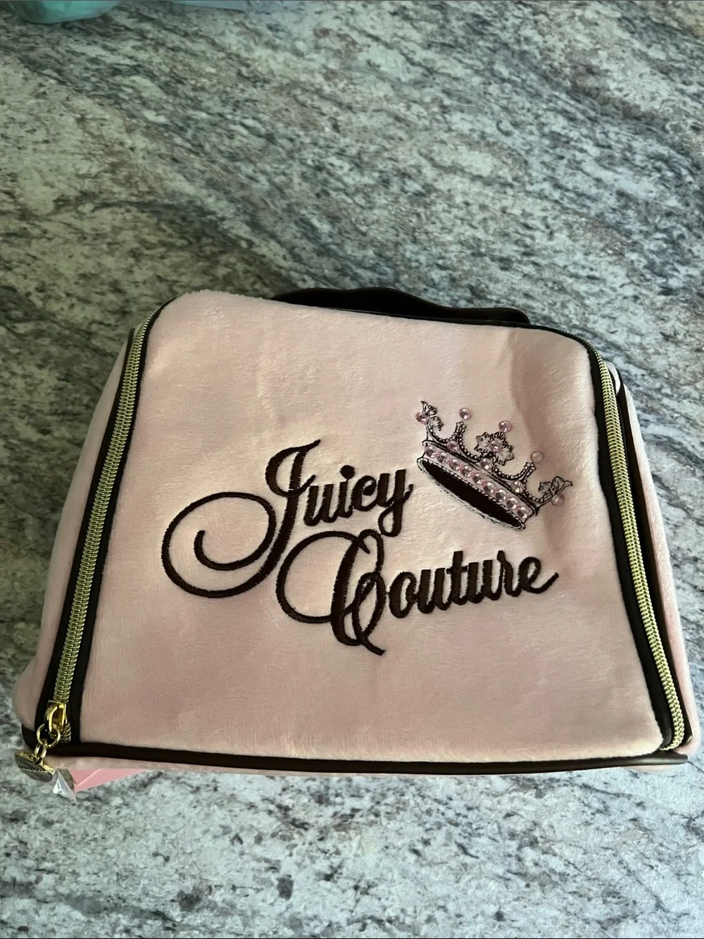 Juicy Couture Pink Velour Embroidered Cosmetic Bag with Travel Bottle NWT